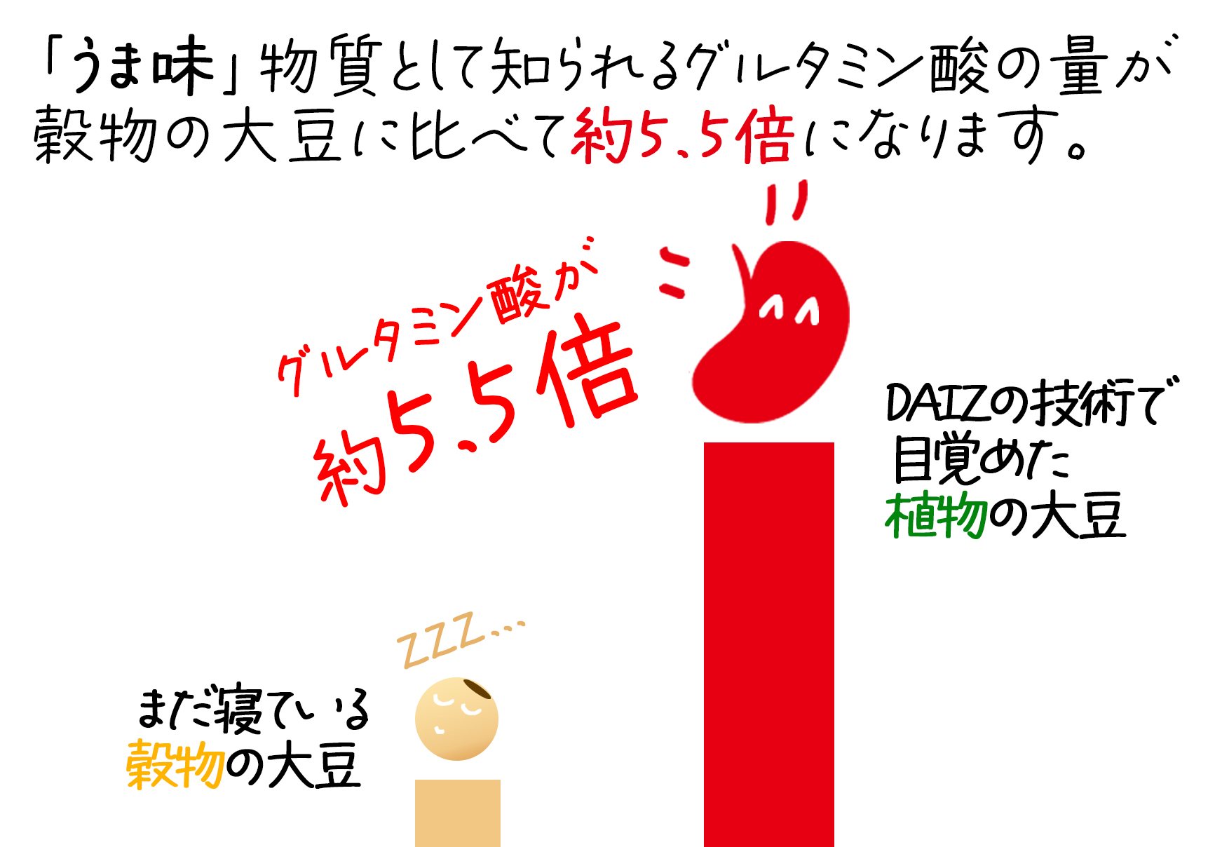 「うま味」物質として知られるグルタミン酸の量が穀物の大豆に比べて約5.5倍になります。